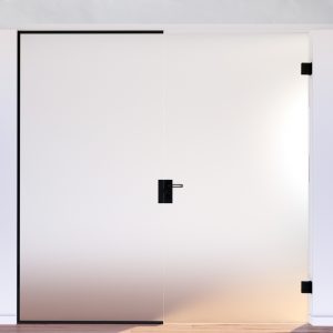 puerta abatible en negro con bisagras regulables y cerradura magnética hegox