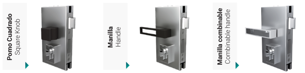 cerraduras para puertas de vidrio Hegox. Manillas intercambiables