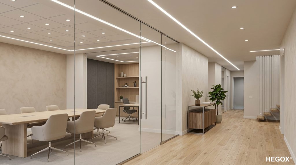 Puerta corredera de vidrio Hegox anclada a pared con guía lateral