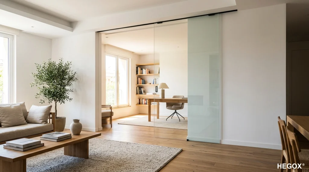 Innovación en herrajes para vidrio aplicada a una puerta corredera integrada en un espacio residencial